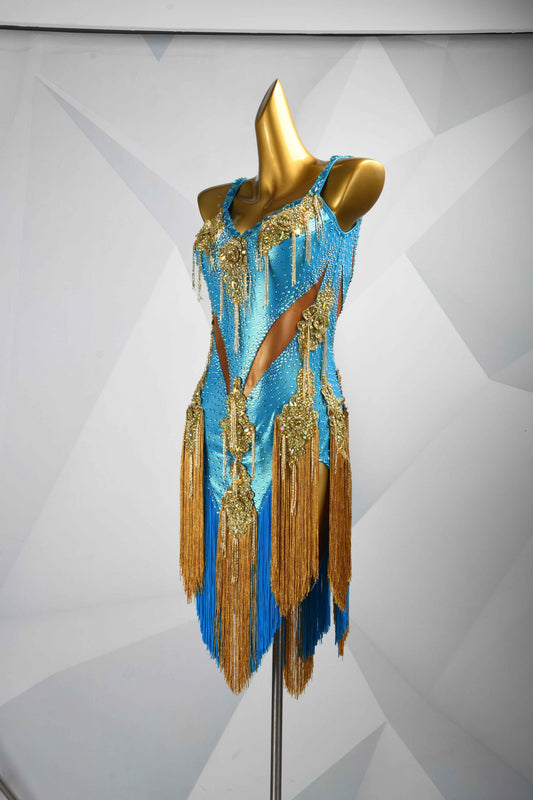 MINEJAS.L087 Blue Gold Fringe Latin Bachata Dance Dress
