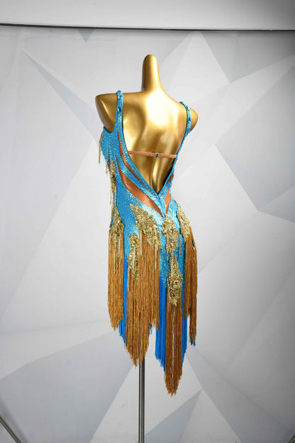MINEJAS.L087 Blue Gold Fringe Latin Bachata Dance Dress