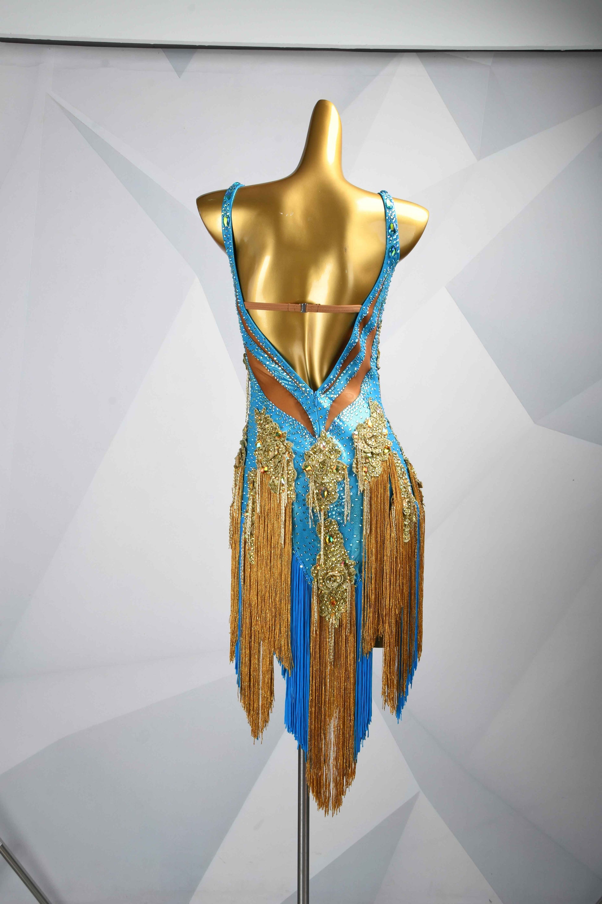 MINEJAS.L087 Blue Gold Fringe Latin Bachata Dance Dress