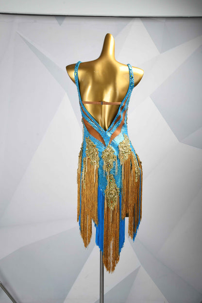 MINEJAS.L087 Blue Gold Fringe Latin Bachata Dance Dress