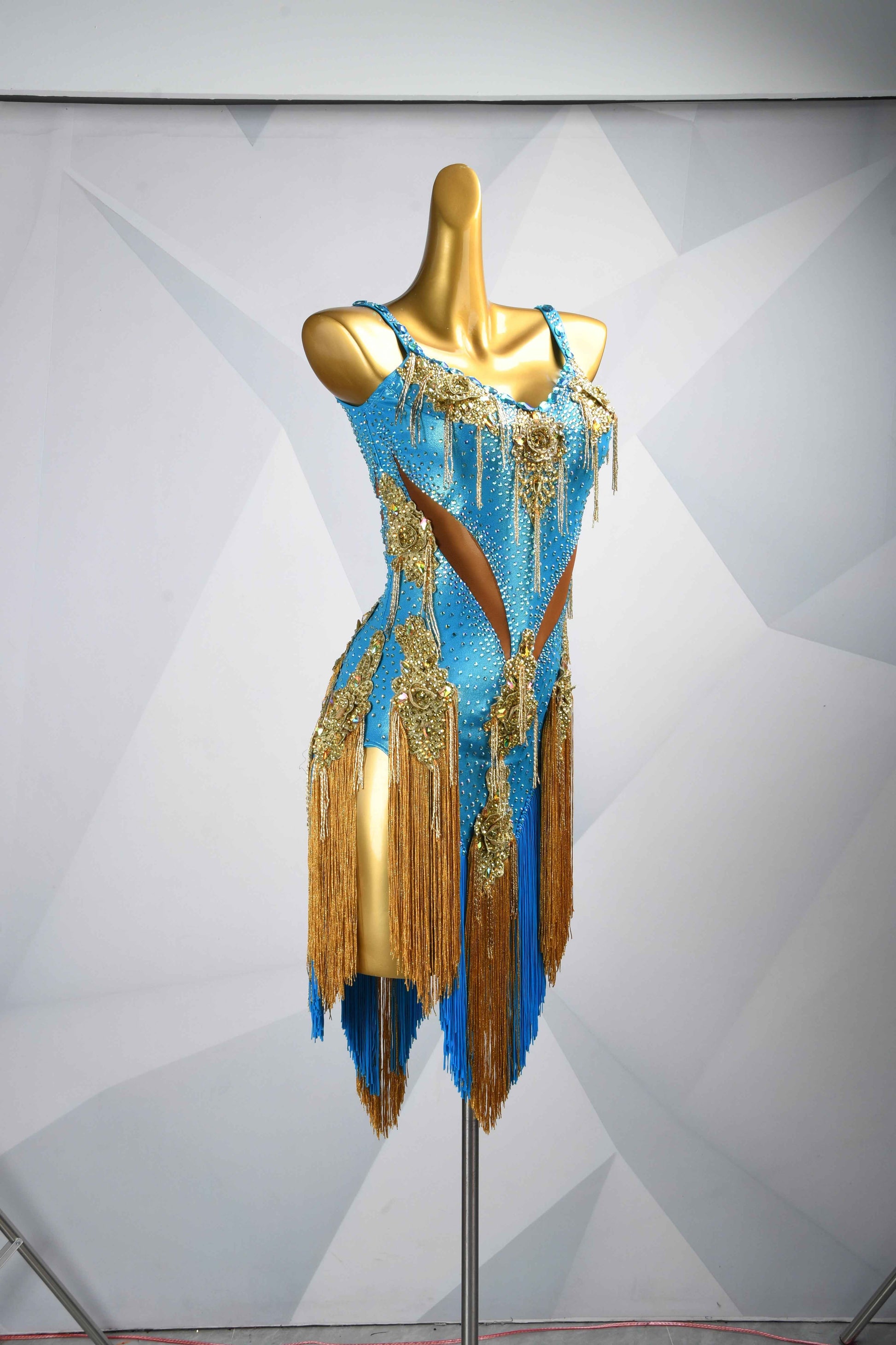 MINEJAS.L087 Blue Gold Fringe Latin Bachata Dance Dress