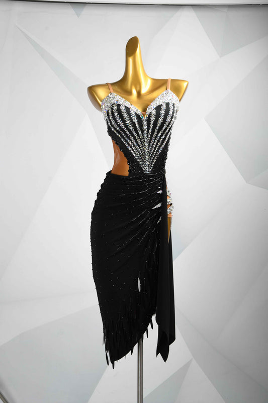 MINEJAS.L088 Black Silver Rhinestone Latin Competition Gown