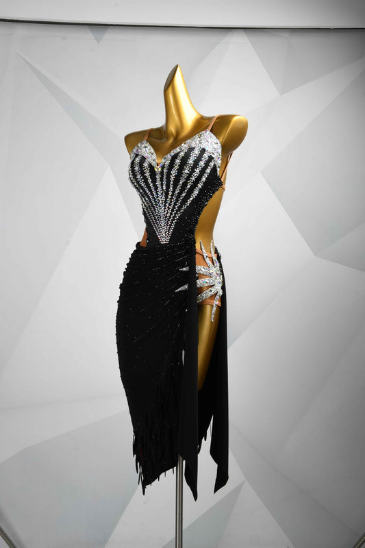 MINEJAS.L088 Black Silver Rhinestone Latin Competition Gown