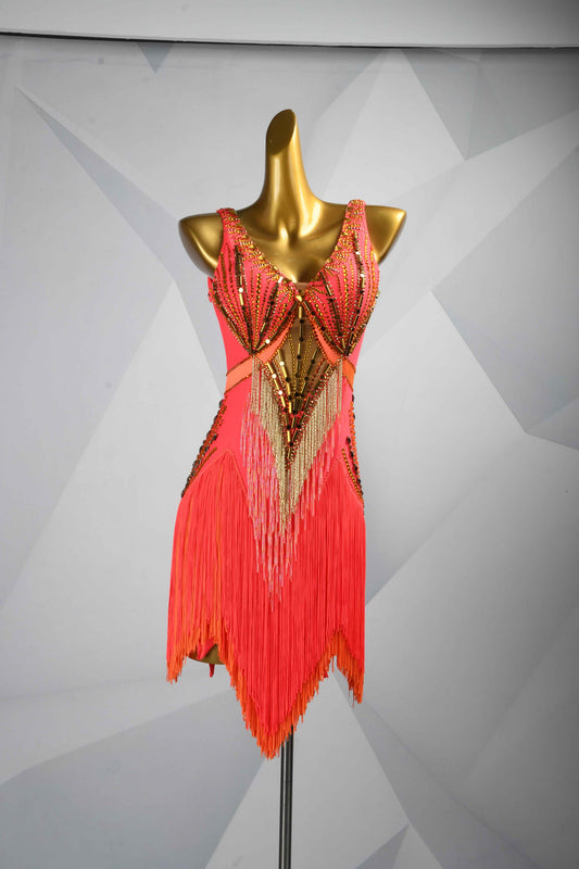MINEJAS.L089 Orange Fringe Latin Samba Stage Costume