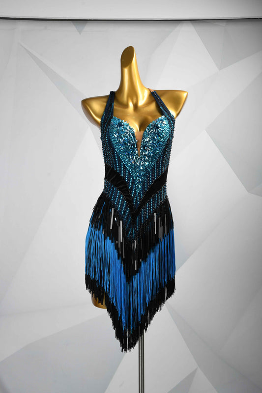 MINEJAS.L091 Blue Black Halter Latin Dance Dress