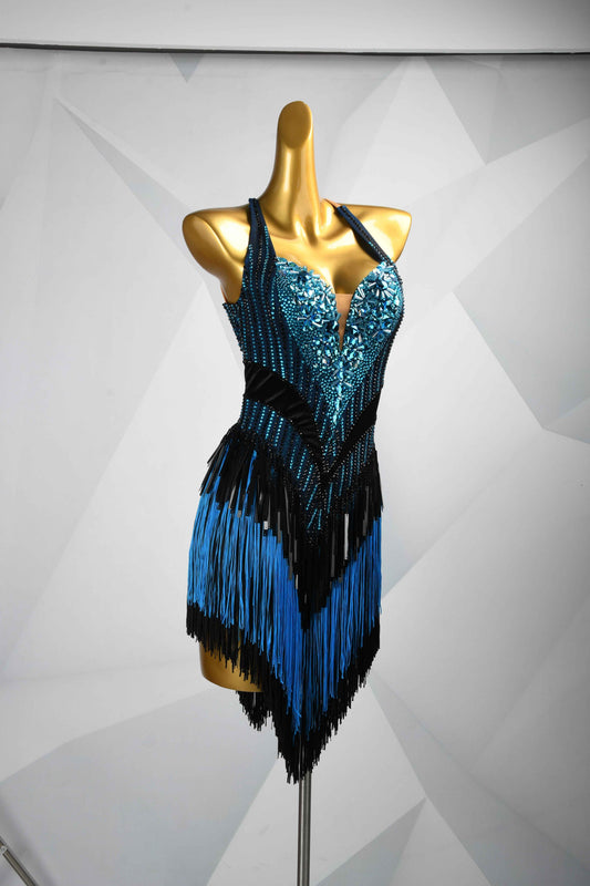 MINEJAS.L091 Blue Black Halter Latin Dance Dress