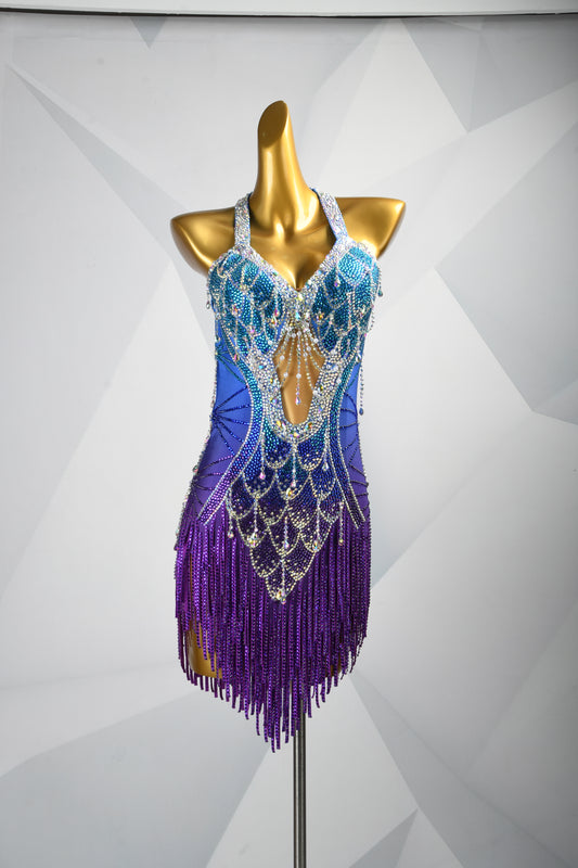 MINEJAS.F626 Sky Blue Fish-Scale Design Glass Tube Crystal Latin Competition Dress - Mine·Jas