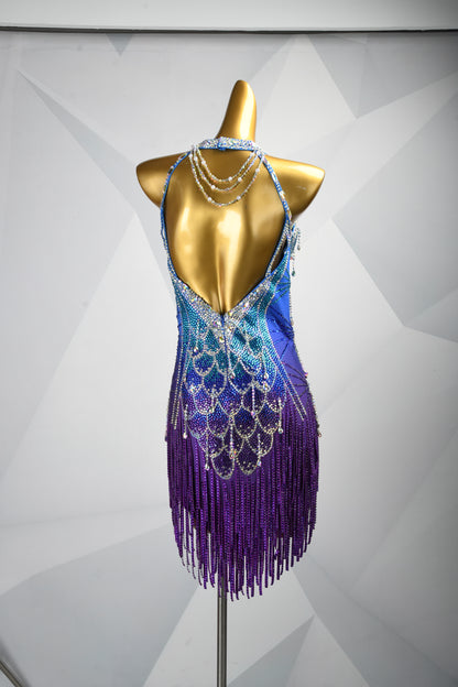 MINEJAS.F626 Sky Blue Fish-Scale Design Glass Tube Crystal Latin Competition Dress - Mine·Jas