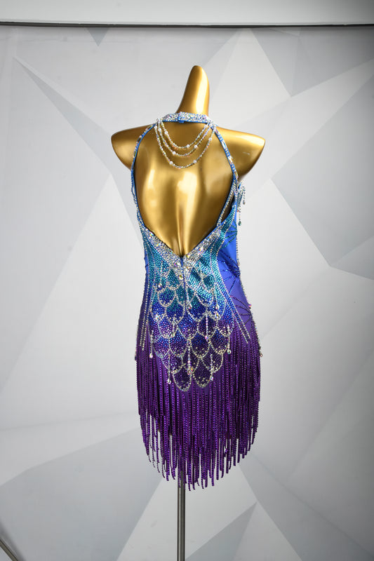 MINEJAS.F626 Sky Blue Fish-Scale Design Glass Tube Crystal Latin Competition Dress - Mine·Jas