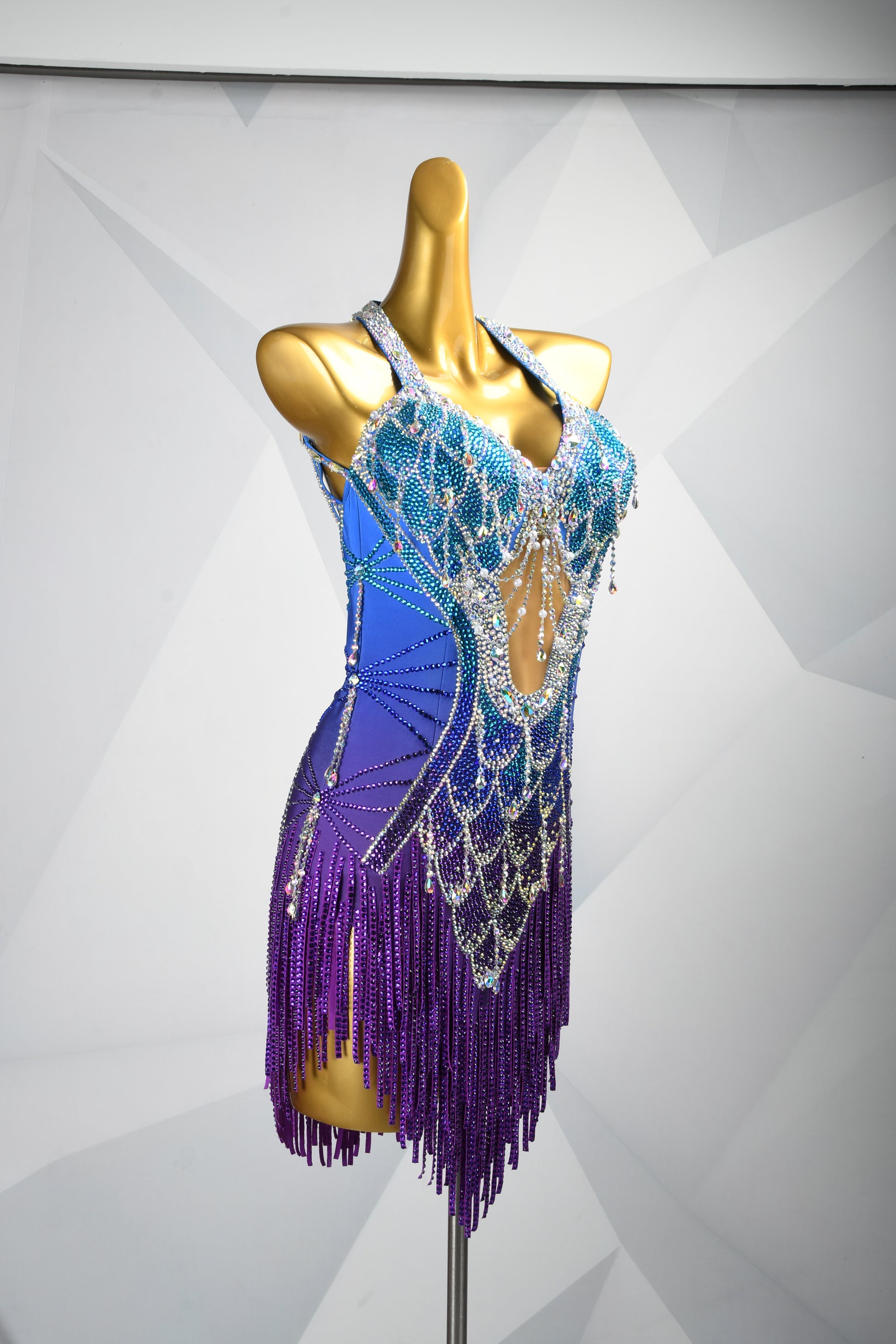 MINEJAS.F626 Sky Blue Fish-Scale Design Glass Tube Crystal Latin Competition Dress - Mine·Jas