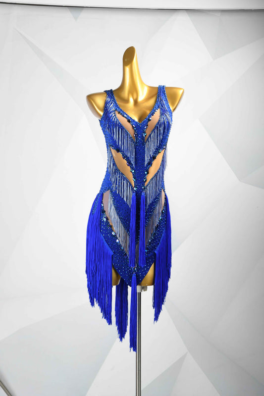 MINEJAS.L092 Blue Rhinestone Fringe Latin Competition Dress