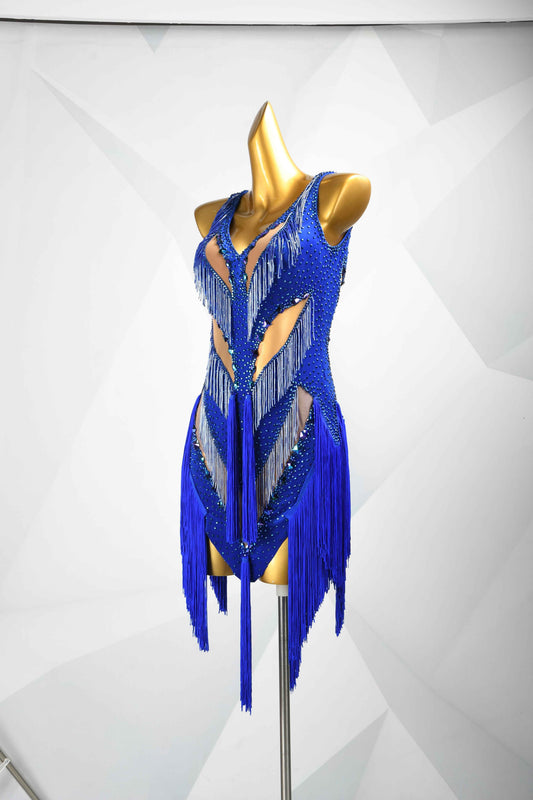 MINEJAS.L092 Blue Rhinestone Fringe Latin Competition Dress