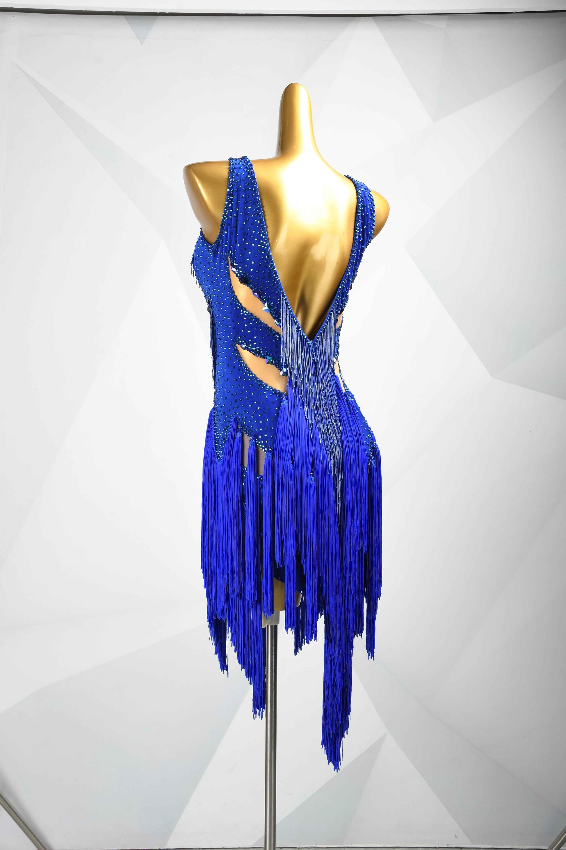 MINEJAS.L092 Blue Rhinestone Fringe Latin Competition Dress