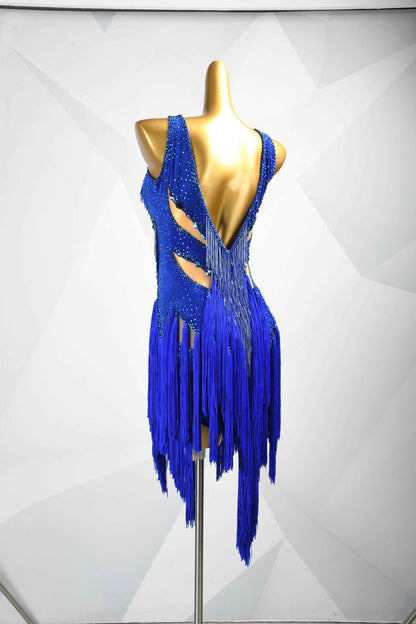 MINEJAS.L092 Blue Rhinestone Fringe Latin Competition Dress