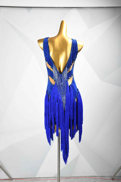 MINEJAS.L092 Blue Rhinestone Fringe Latin Competition Dress