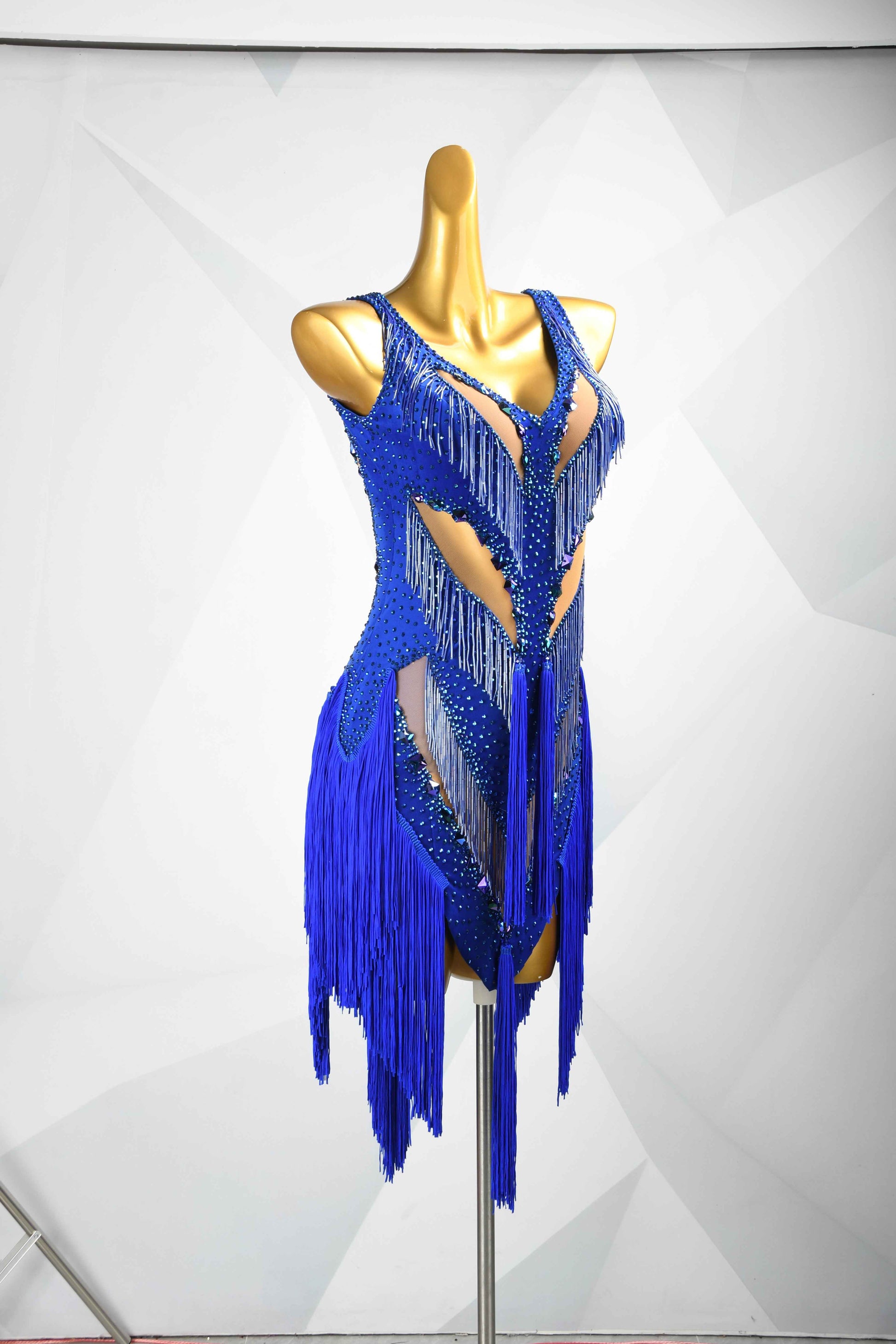 MINEJAS.L092 Blue Rhinestone Fringe Latin Competition Dress