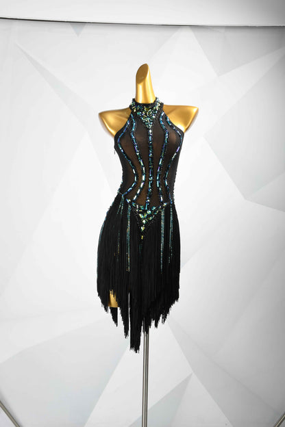 MINEJAS.L093 Black Green Fringe Latin Dance Dress