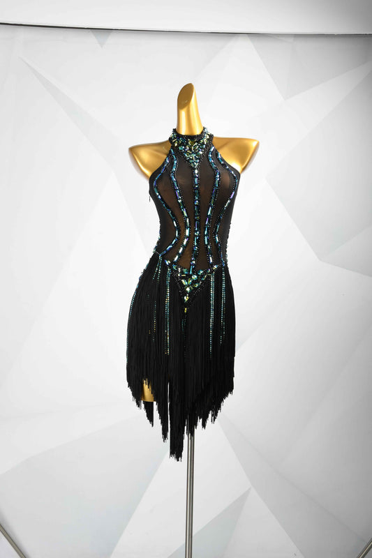 MINEJAS.L093 Black Green Fringe Latin Dance Dress