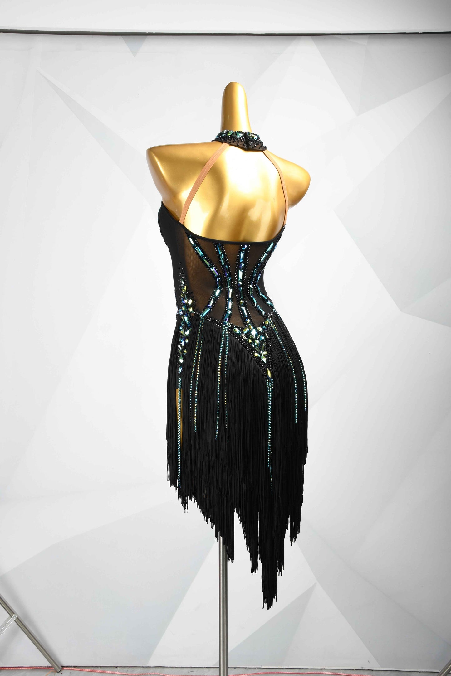MINEJAS.L093 Black Green Fringe Latin Dance Dress