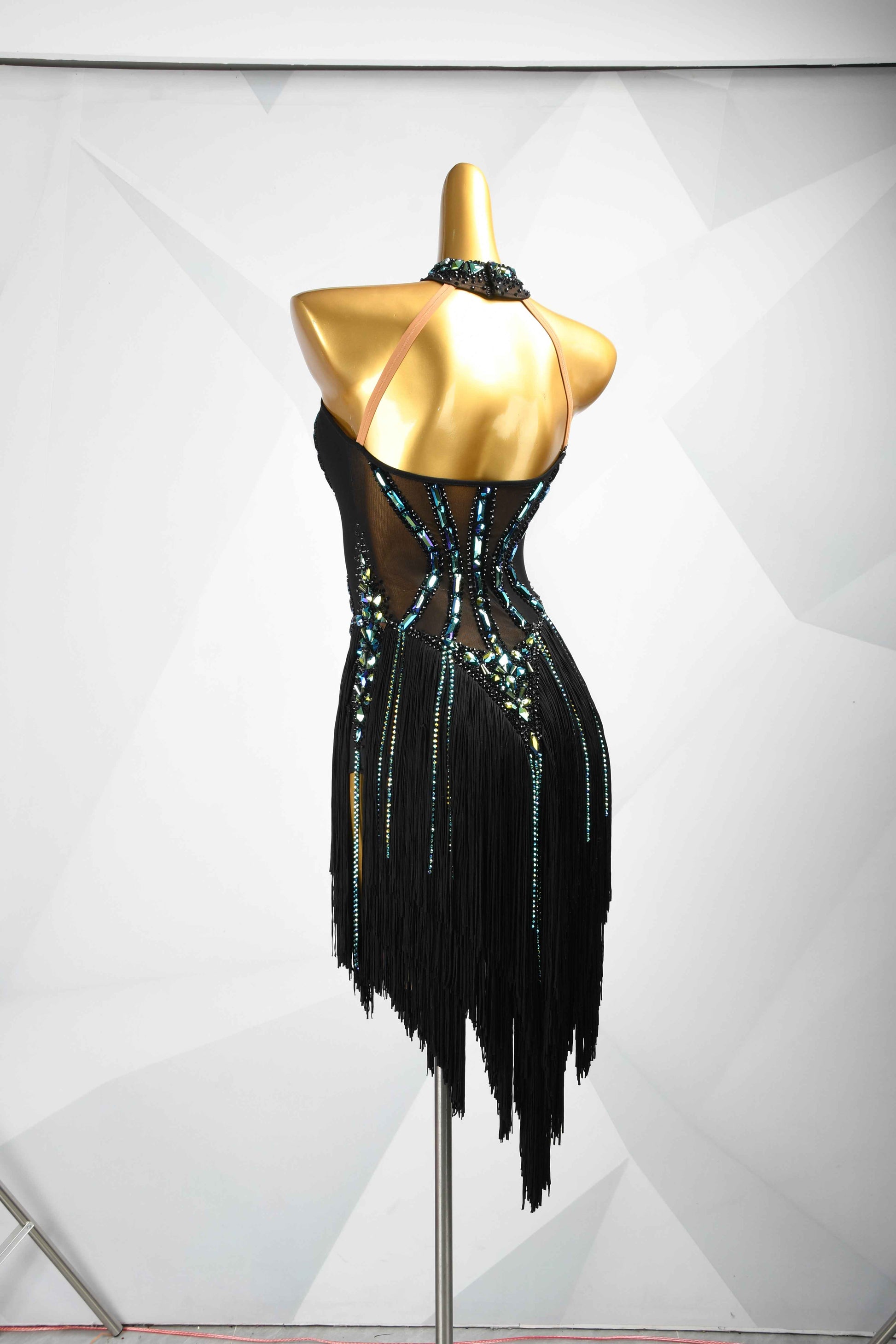 MINEJAS.L093 Black Green Fringe Latin Dance Dress