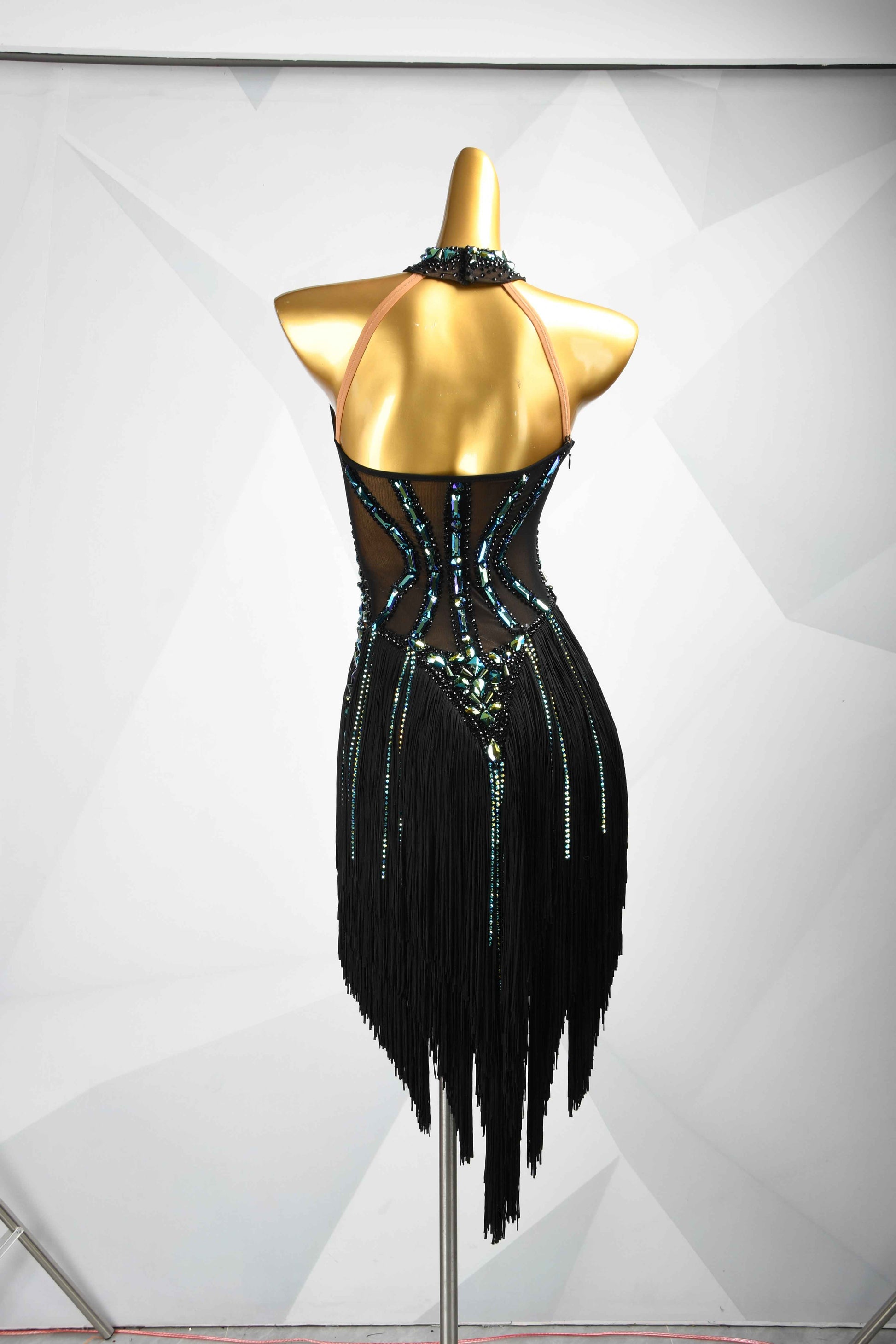 MINEJAS.L093 Black Green Fringe Latin Dance Dress