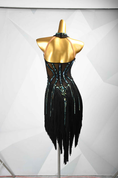 MINEJAS.L093 Black Green Fringe Latin Dance Dress