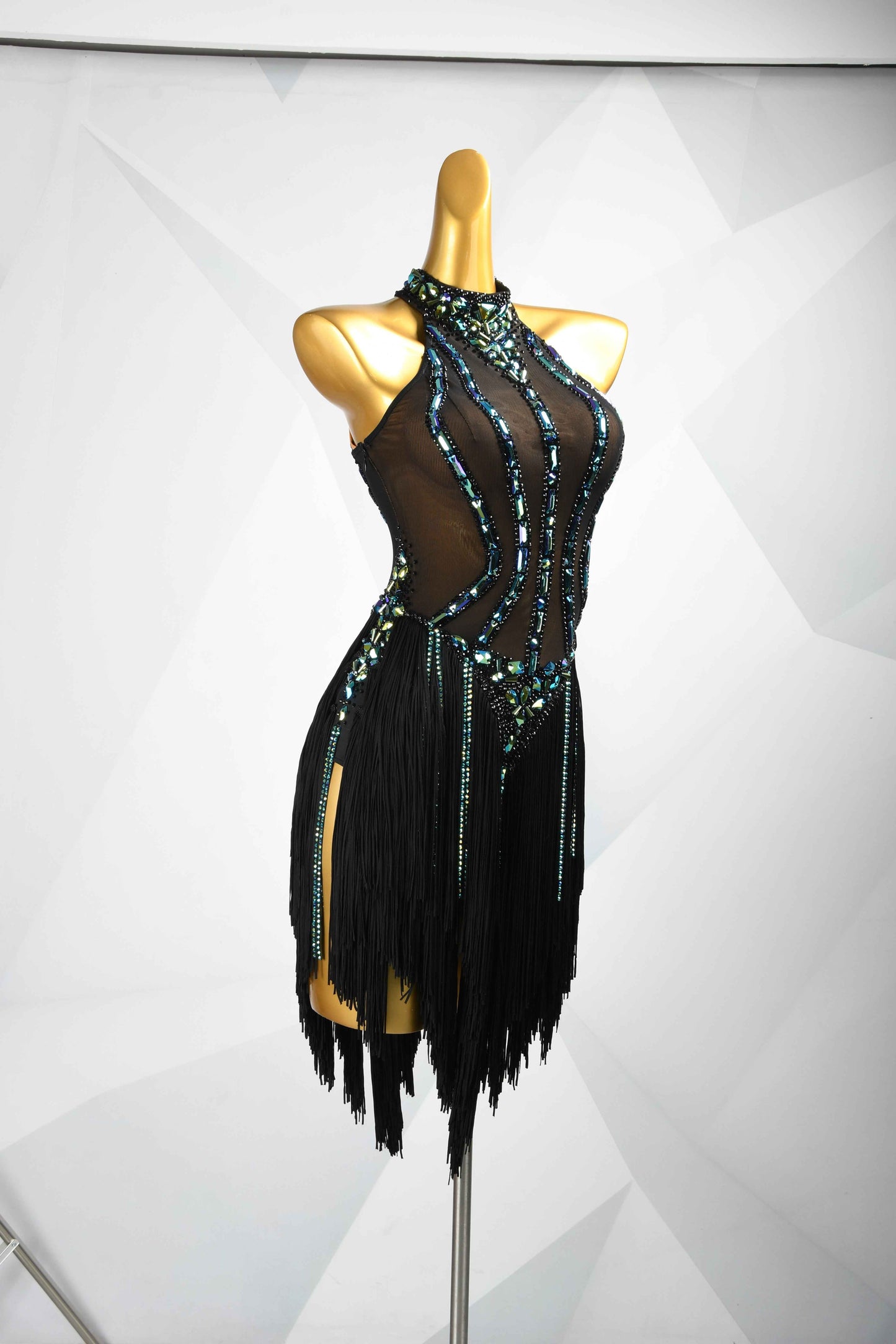 MINEJAS.L093 Black Green Fringe Latin Dance Dress