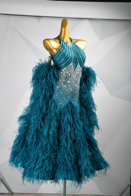 MINEJAS.B454 Teal Feather Halter Ballroom Dance Costume