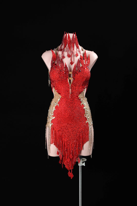 MINEJAS.L392 Red Flame Fringe Latin Dance Dress