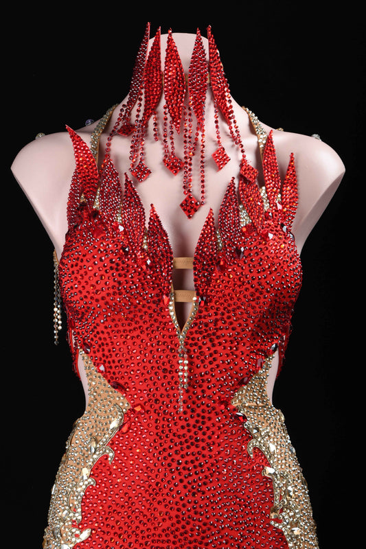 MINEJAS.L392 Red Flame Fringe Latin Dance Dress