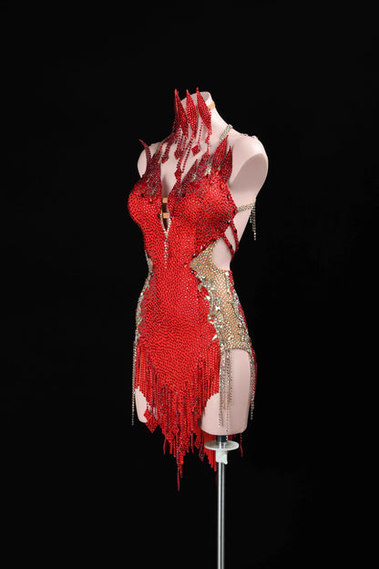 MINEJAS.L392 Red Flame Fringe Latin Dance Dress