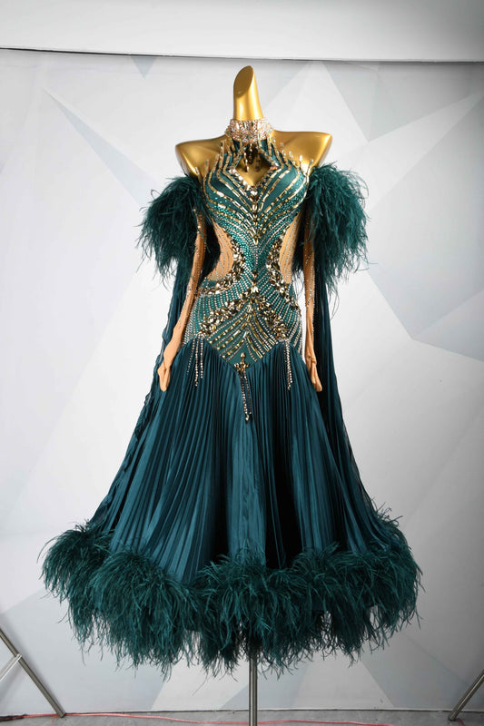 MINEJAS.B457 Dark Green Feather Pleated Ballroom Dress