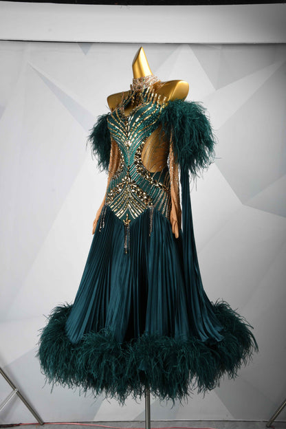 MINEJAS.B457 Dark Green Feather Pleated Ballroom Dress
