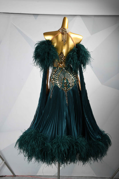 MINEJAS.B457 Dark Green Feather Pleated Ballroom Dress