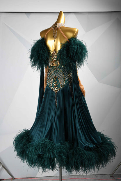 MINEJAS.B457 Dark Green Feather Pleated Ballroom Dress