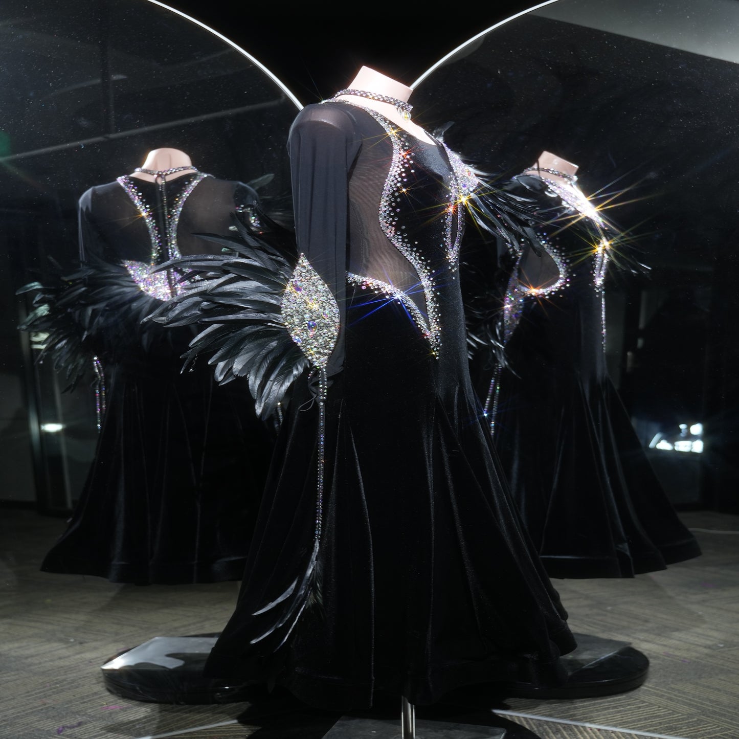 MINEJAS.L523 Black Velvet Ballroom Dance Dress with Feather & Rhinestone Embellishments | Long Sleeve Standard Gown