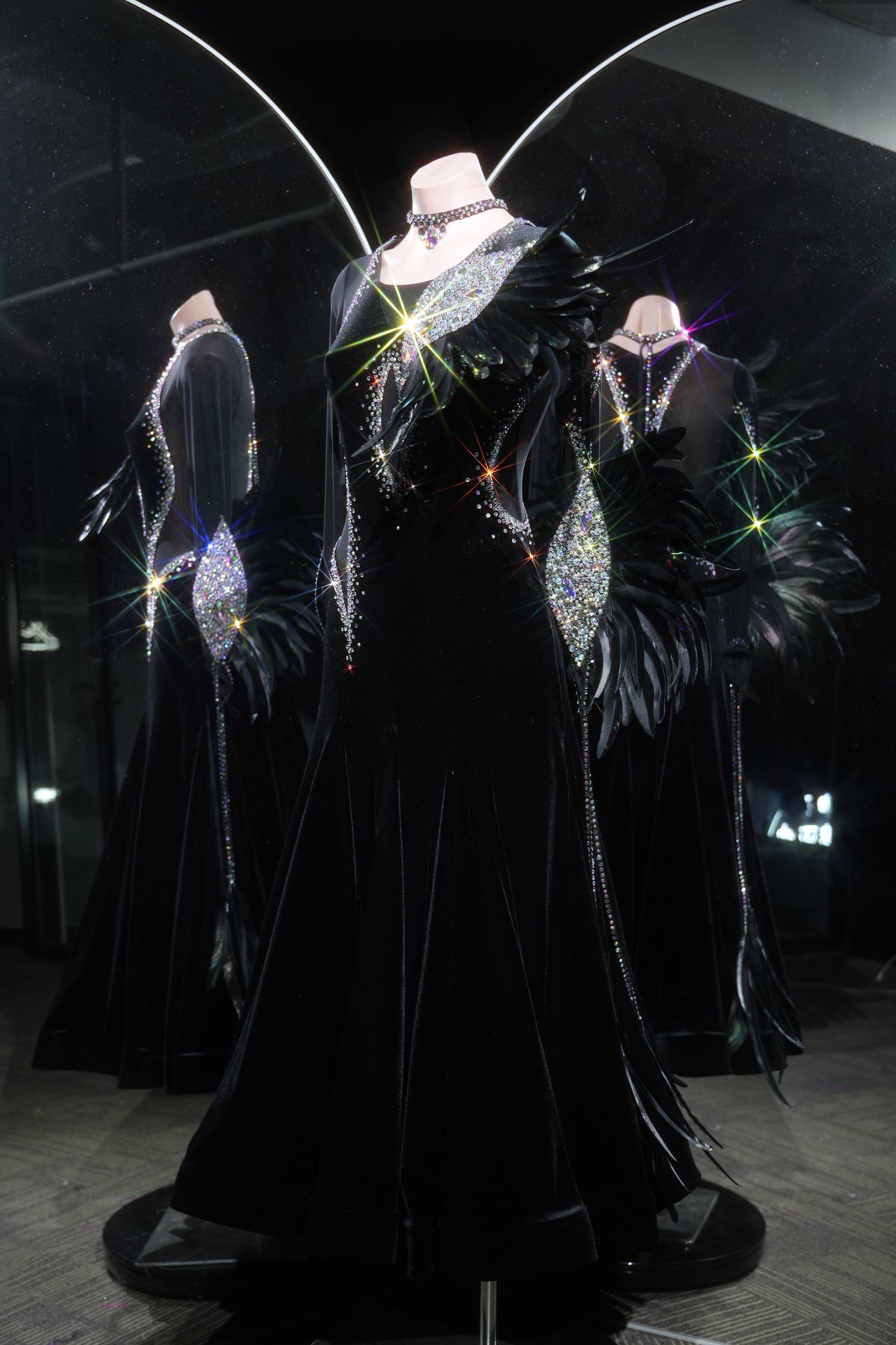 MINEJAS.L523 Black Velvet Ballroom Dance Dress with Feather & Rhinestone Embellishments | Long Sleeve Standard Gown
