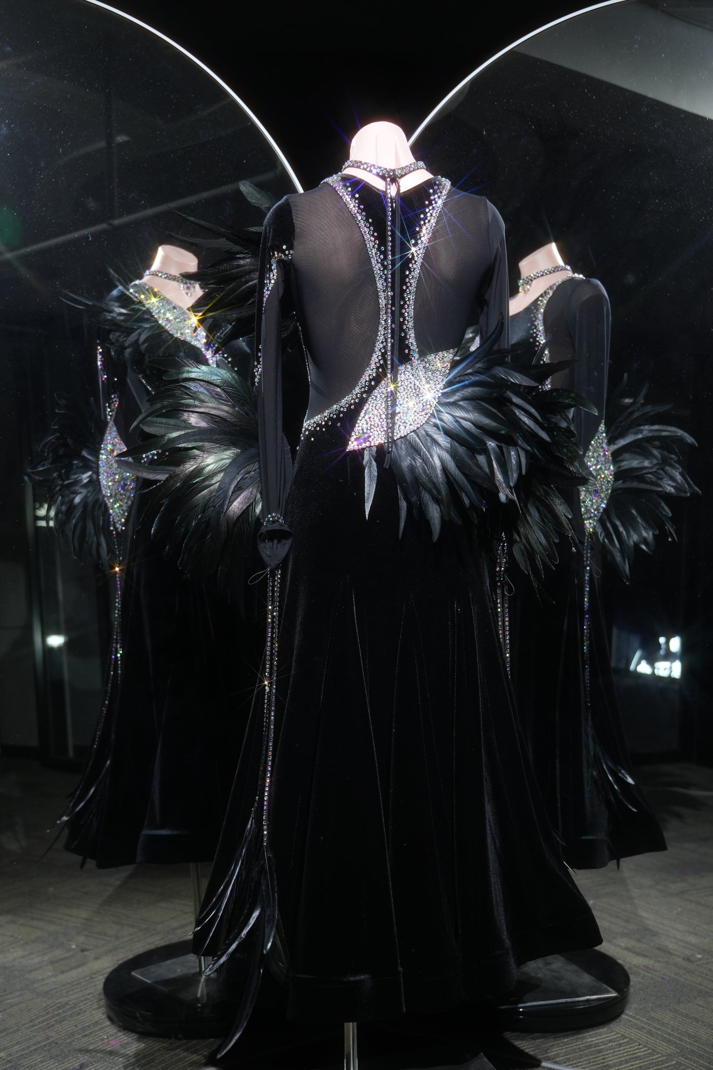 MINEJAS.L523 Black Velvet Ballroom Dance Dress with Feather & Rhinestone Embellishments | Long Sleeve Standard Gown