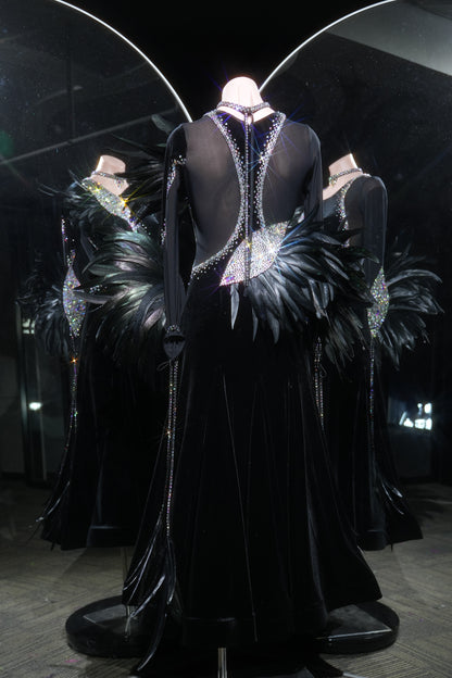 MINEJAS.L523 Black Velvet Ballroom Dance Dress with Feather & Rhinestone Embellishments | Long Sleeve Standard Gown