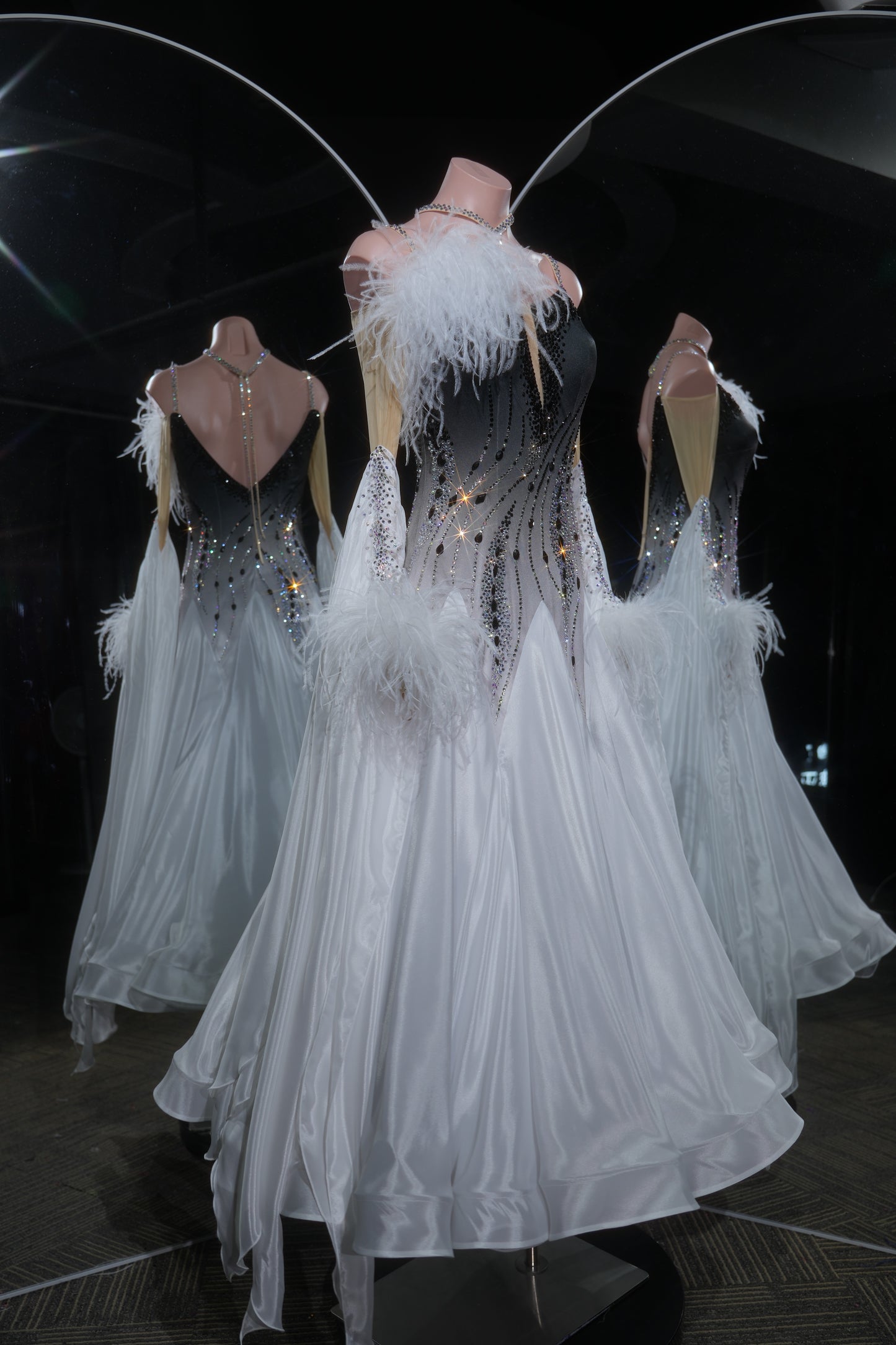 MINEJAS.L524 Black to White Ombre Ballroom Dance Dress with Feather Accents | Rhinestone Standard Competition Gown