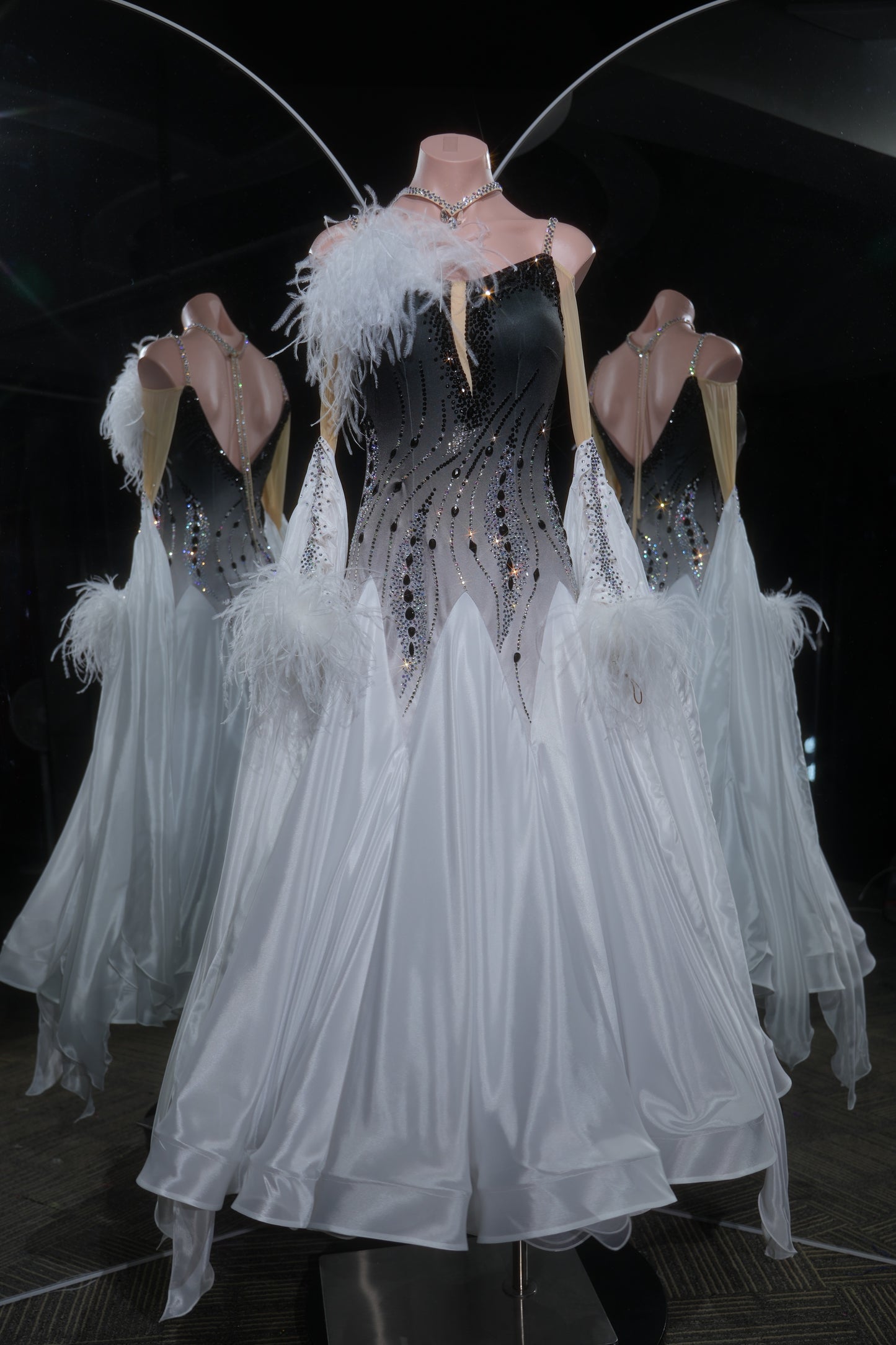 MINEJAS.L524 Black to White Ombre Ballroom Dance Dress with Feather Accents | Rhinestone Standard Competition Gown