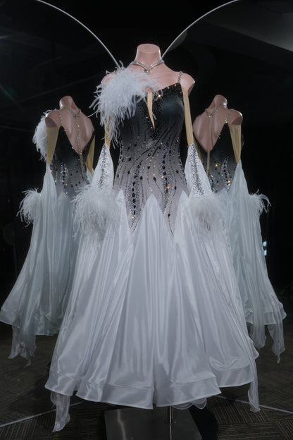 MINEJAS.L524 Black to White Ombre Ballroom Dance Dress with Feather Accents | Rhinestone Standard Competition Gown
