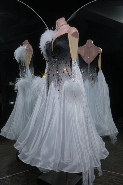 MINEJAS.L524 Black to White Ombre Ballroom Dance Dress with Feather Accents | Rhinestone Standard Competition Gown