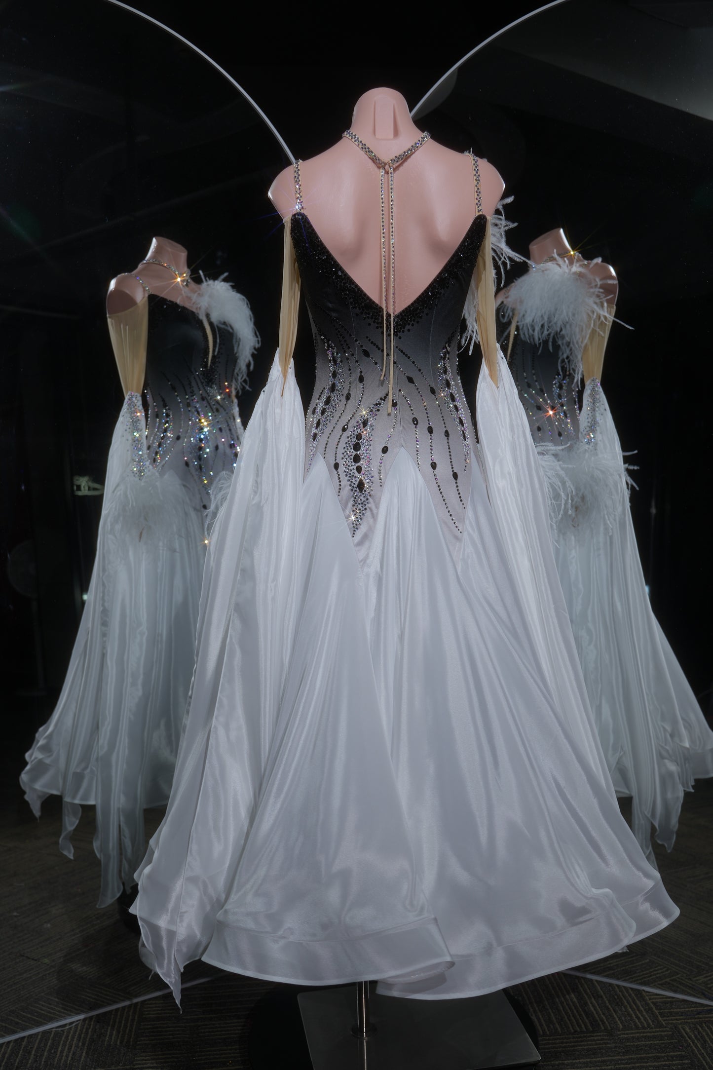MINEJAS.L524 Black to White Ombre Ballroom Dance Dress with Feather Accents | Rhinestone Standard Competition Gown