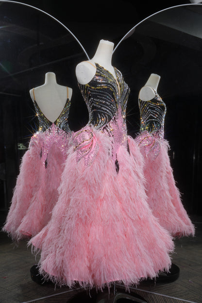 MINEJAS.L526 Blush Pink Feather Ballroom Dance Dress with Rhinestone Bodice | Sleeveless Standard Competition Gown - Mine·Jas