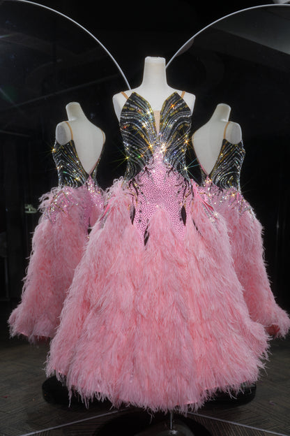 MINEJAS.L526 Blush Pink Feather Ballroom Dance Dress with Rhinestone Bodice | Sleeveless Standard Competition Gown - Mine·Jas