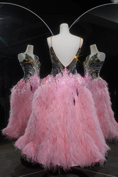 MINEJAS.L526 Blush Pink Feather Ballroom Dance Dress with Rhinestone Bodice | Sleeveless Standard Competition Gown - Mine·Jas