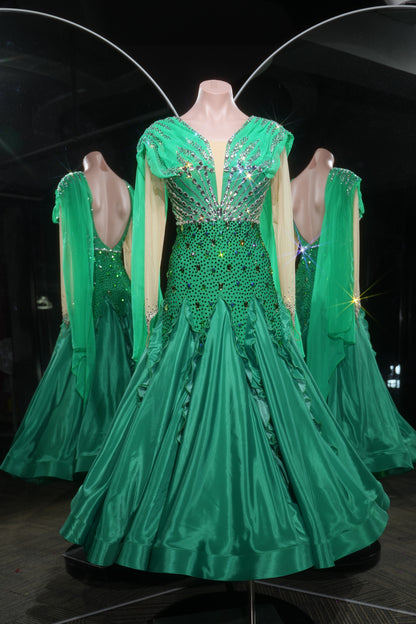 MINEJAS.L527 Emerald Green Ballroom Dance Dress with Fan-Shaped Rhinestone Bodice | Low-Back Standard Gown - Mine·Jas