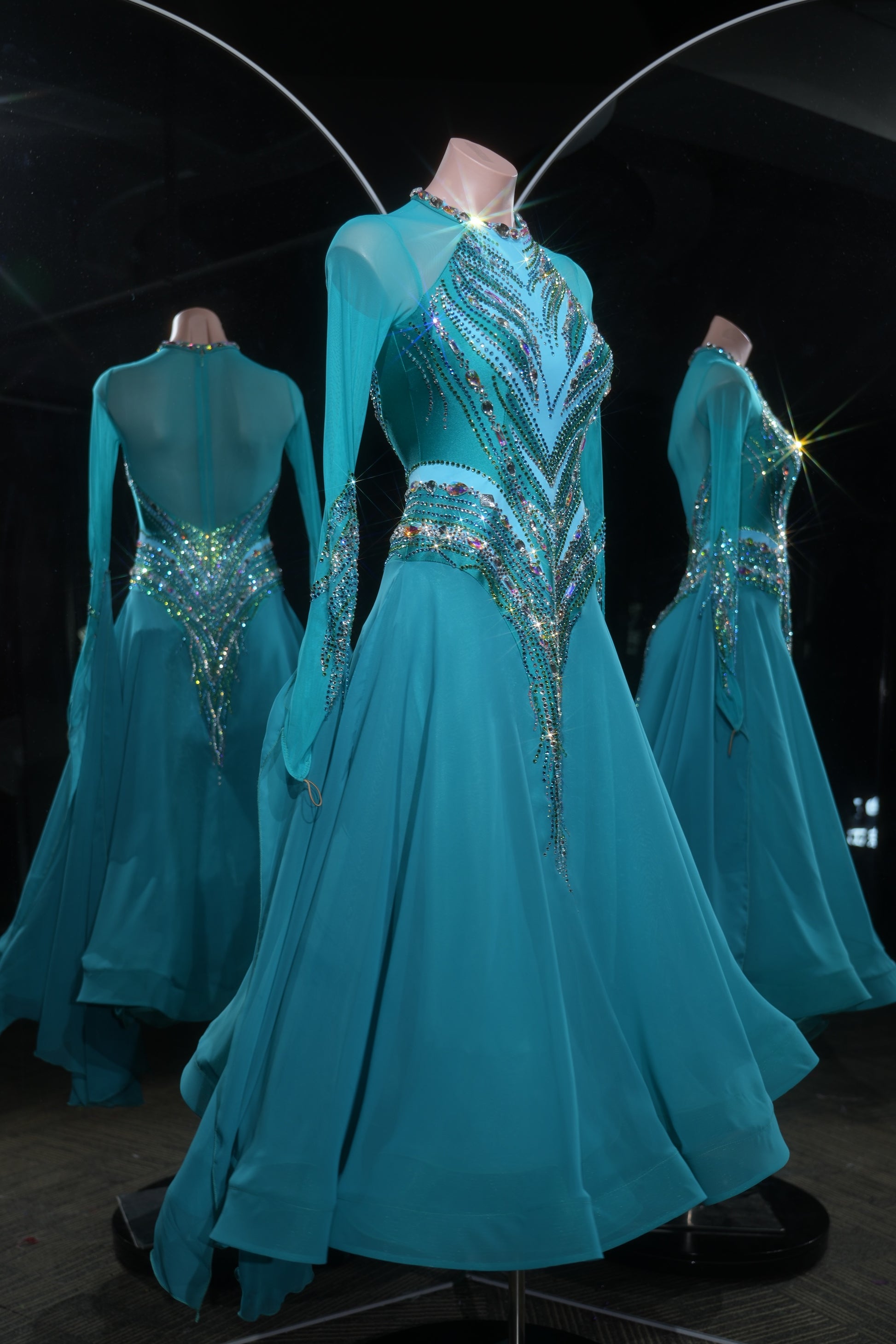 MINEJAS.L528 Teal Blue Ballroom Dance Dress with V-Shaped Rhinestone Embellishments | High-Neck Standard Gown - Mine·Jas