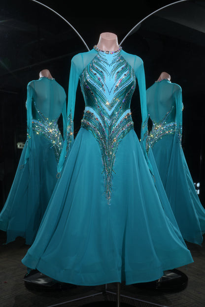 MINEJAS.L528 Teal Blue Ballroom Dance Dress with V-Shaped Rhinestone Embellishments | High-Neck Standard Gown - Mine·Jas